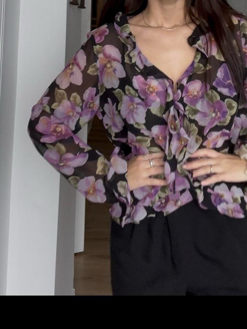 Evan Picone Black Sheer Blouse with Purple Floral Print